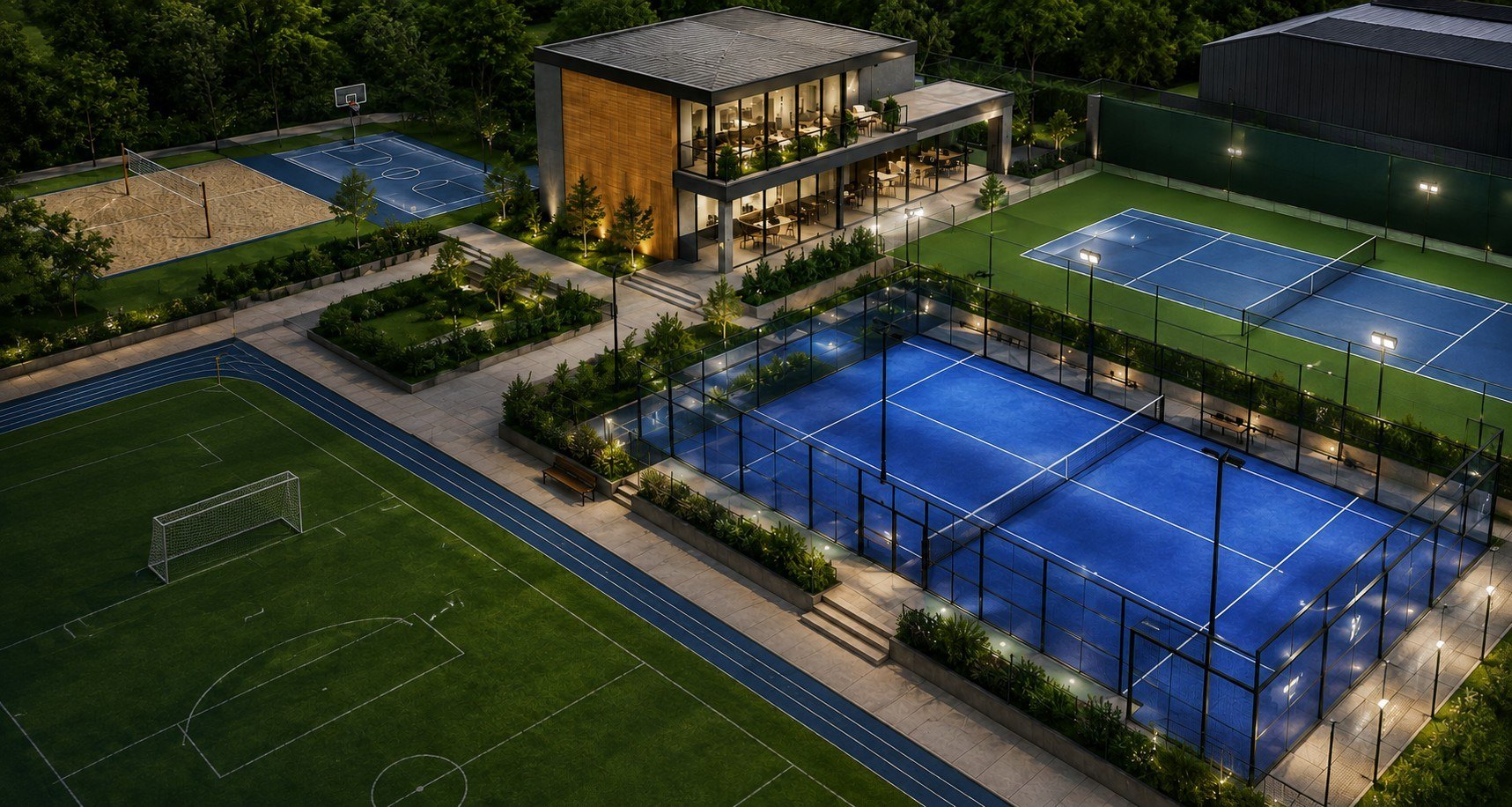Complejo deportivo con canchas de tenis, pádel, fútbol, atletismo y básquetbol iluminadas
